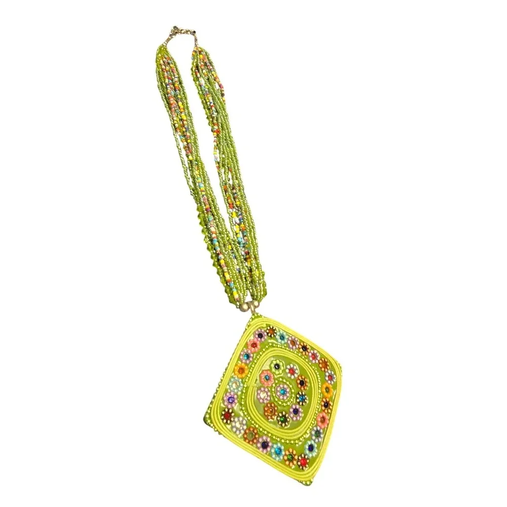 Multistrand Green Beaded Statement Necklace Large Mosaic Pendant Boho Artisan